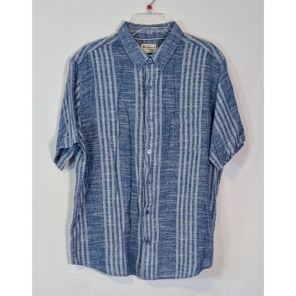 Weatherproof Vintage Linen Shirt Mens XL Blue Stripe Short Sleeve Button Front